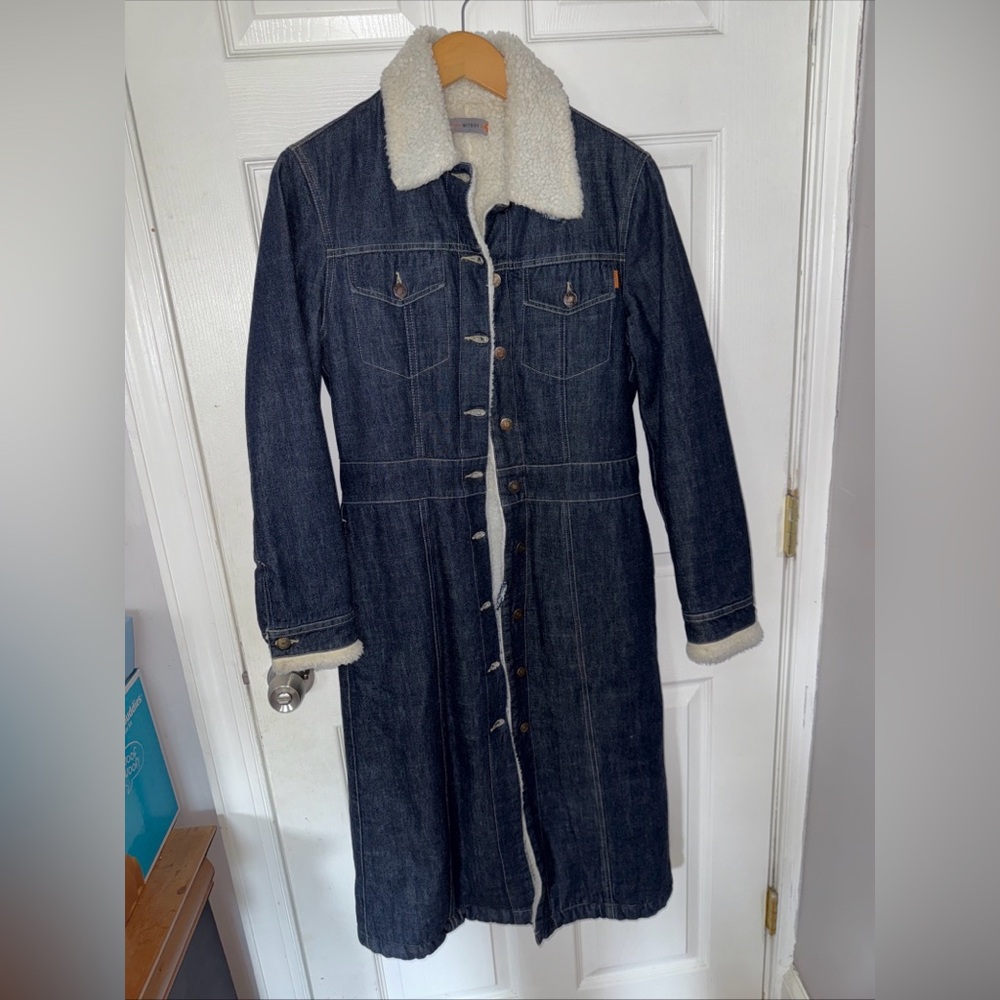 Denim Long Coat with Shearling Collar